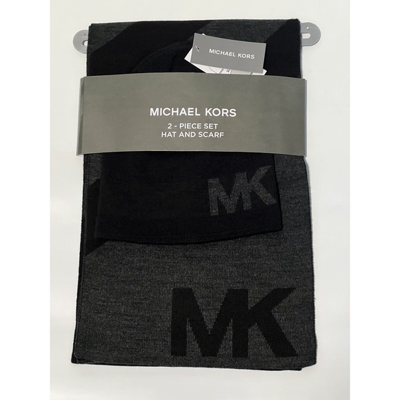 Michael Kors Mens MK Logo Scarf and Hat/Beanie Set Grey Black Gift Set - Picture 1 of 11